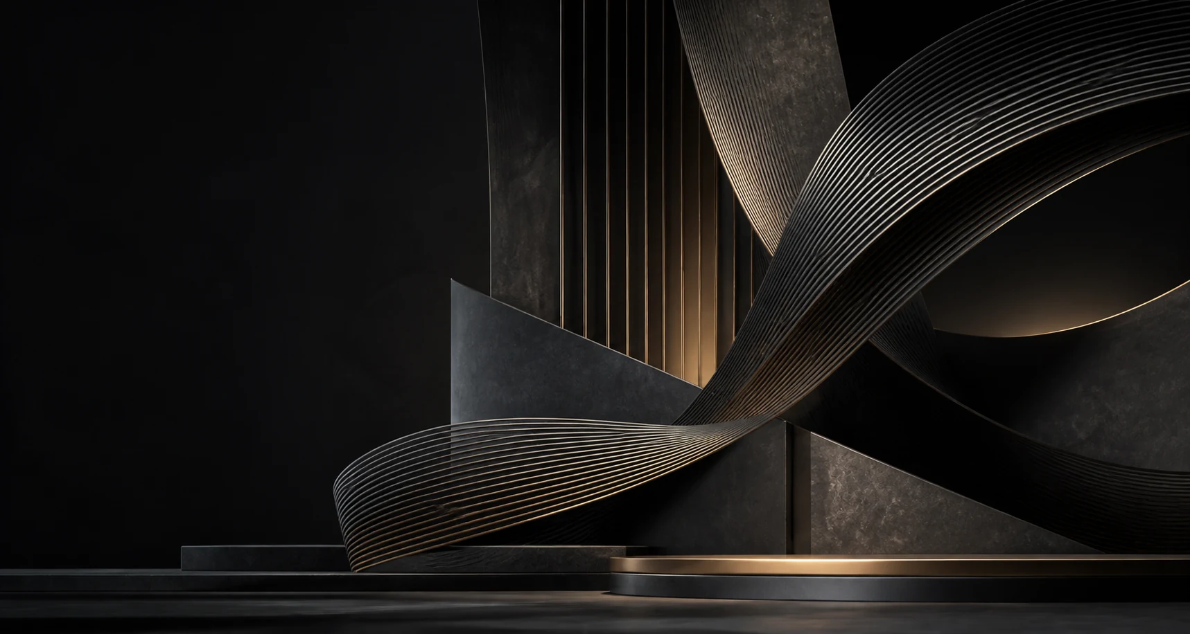 Abstract black architectural forms and flowing metallic lines representing Sterling & Finch