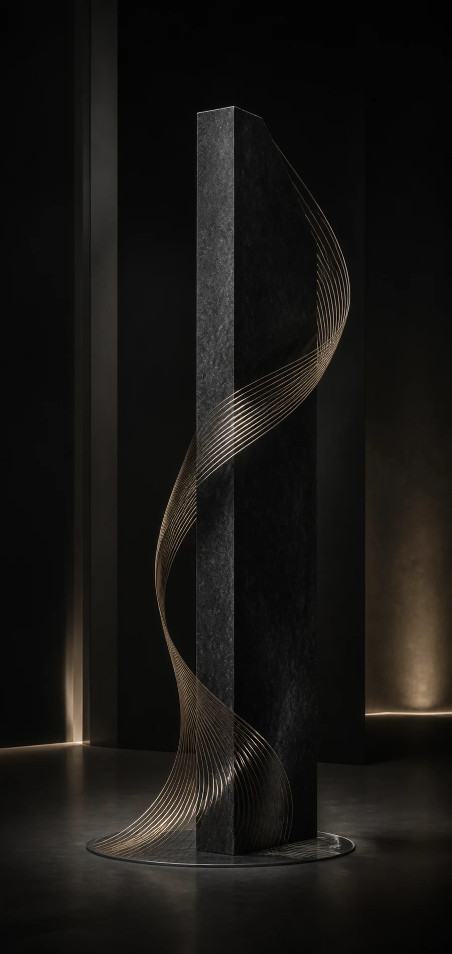 Abstract dark stone monolith encircled by flowing metallic lines