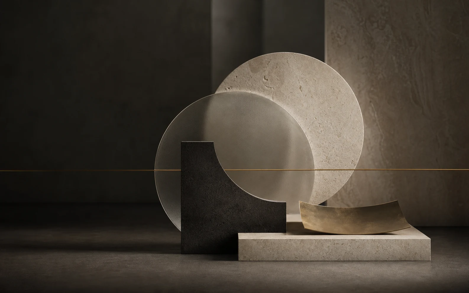 Abstract stone, glass and brass composition representing Consumer Brands