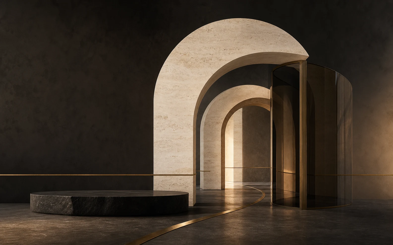 Abstract travertine, smoked-glass and brass composition representing Hospitality Investments